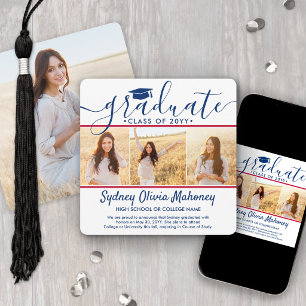 4 Photo Graduation Collage Modern Red White & Blue Announcement