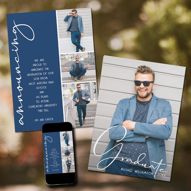 4 Photo Graduation Collage Navy Blue Announcement (4 Photo Graduation Collage Navy Blue Announcements)
