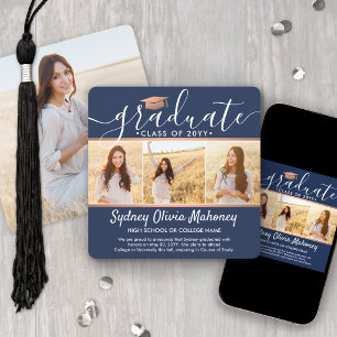 4 Photo Graduation Collage Navy Blue & Faux Copper Announcement