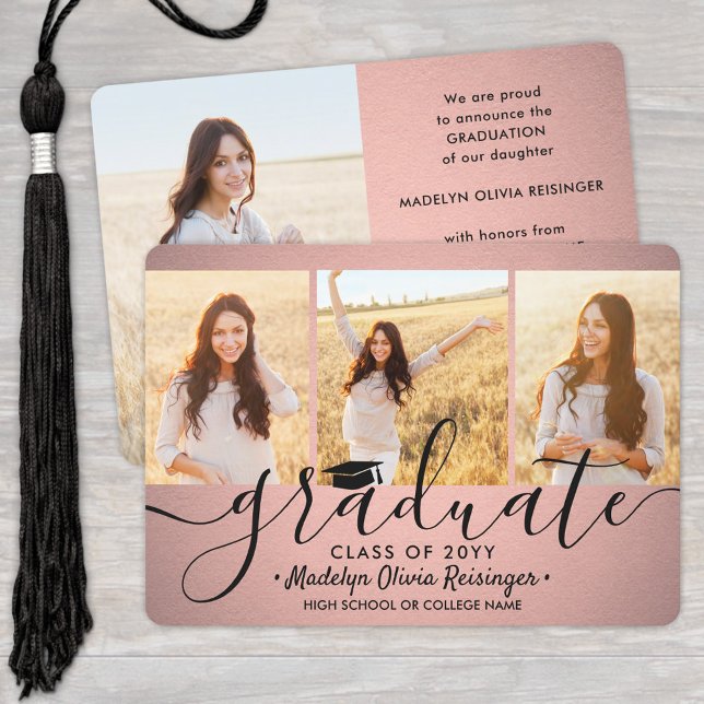 4 Photo Graduation Collage Pink Ombre and Black Announcement (Creator Uploaded)