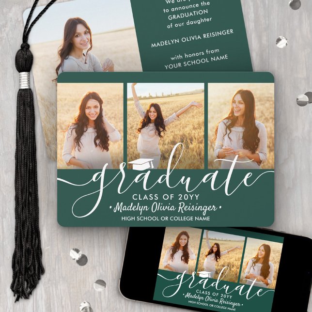 4 Photo Graduation Collage Script Dark Green White Announcement (Creator Uploaded)