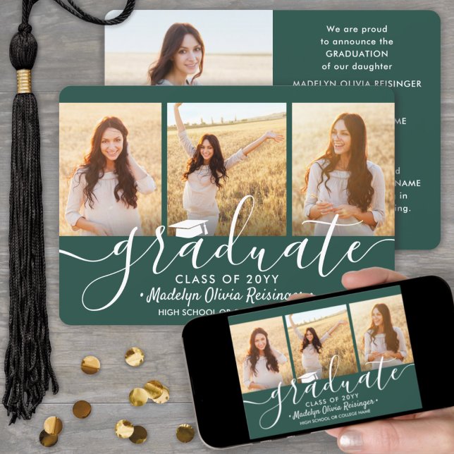 4 Photo Graduation Collage Script Dark Green White Announcement (Creator Uploaded)
