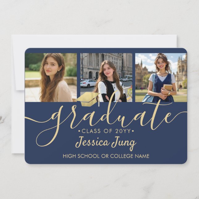 4 Photo Graduation Collage Script Navy Blue & Gold Announcement (Front)