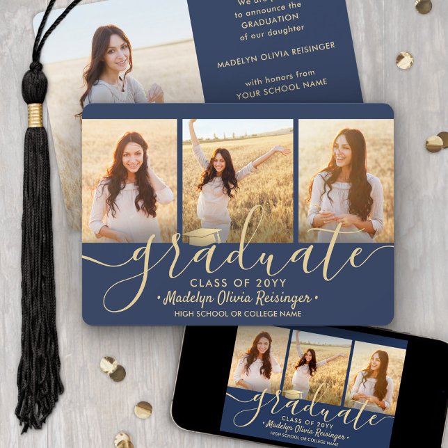 4 Photo Graduation Collage Script Navy Blue & Gold Announcement (Creator Uploaded)