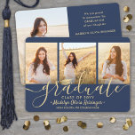4 Photo Graduation Collage Script Navy Blue & Gold Announcement<br><div class="desc">Share the joy of a high school or college graduation with these custom 4 photo collage navy blue and gold announcements. All pictures and wording are simple to personalise. (IMAGE PLACEMENT TIP: An easy way to centre a photo exactly how you want is to crop it before uploading to the...</div>
