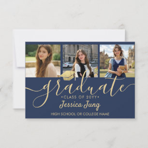 4 Photo Graduation Collage Script Navy Blue & Gold Thank You Card