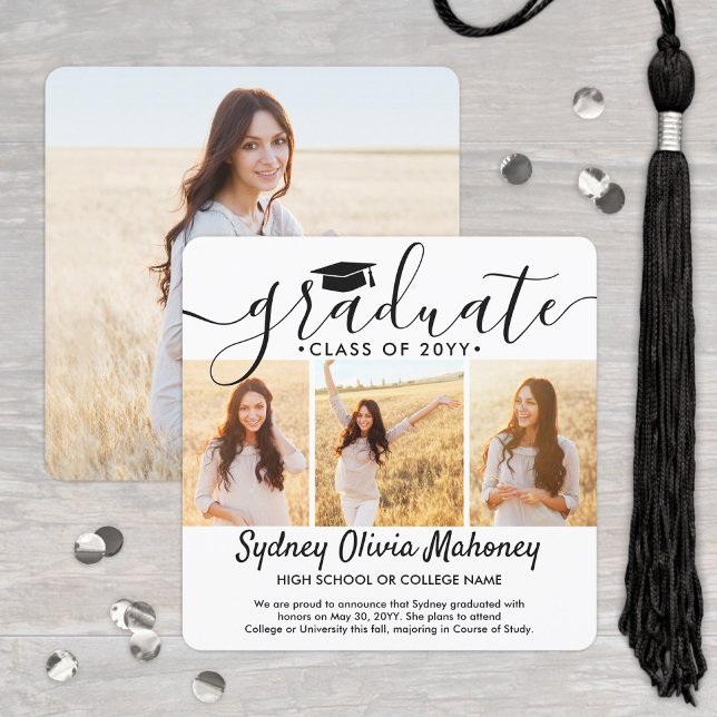 4 Photo Graduation Collage Simple Elegant Script Announcement (Creator Uploaded)