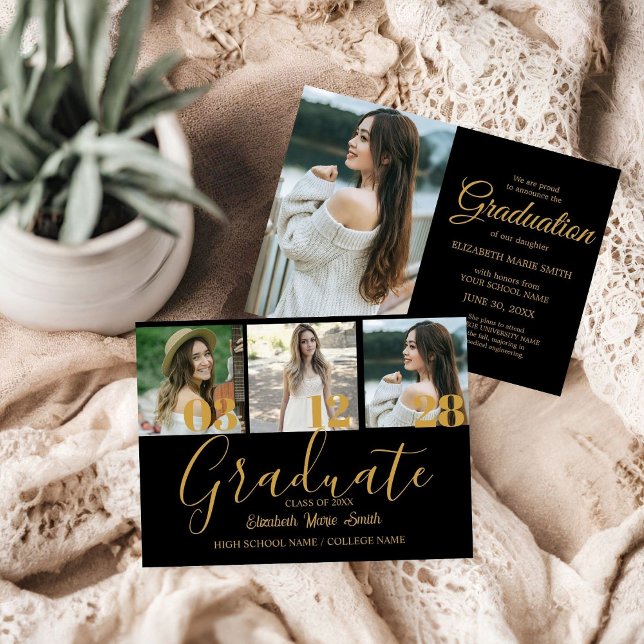 4 Photo Graduation Collage Simple Gold Script Announcement (Creator Uploaded)