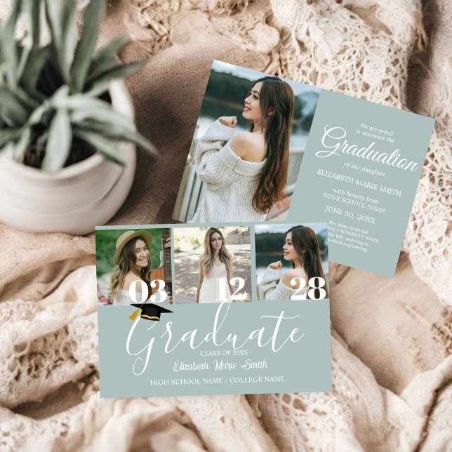 4 Photo Graduation Collage Simple Modern Script Announcement (Creator Uploaded)