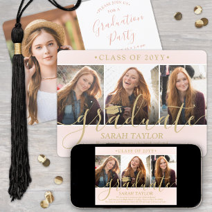 4 Photo Graduation Party Blush Pink & Gold Script Invitation