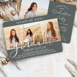 4 Photo Graduation Party Modern Script Grey and