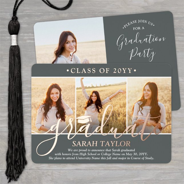 4 Photo Graduation Party Modern Script Grey and (Creator Uploaded)