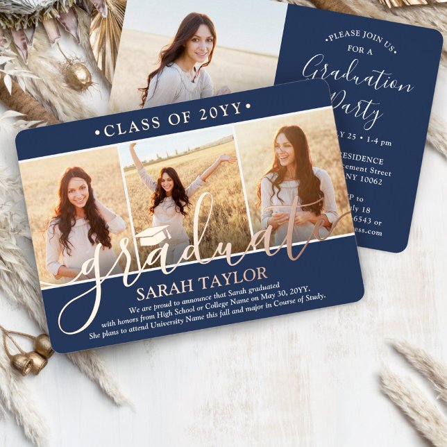 4 Photo Graduation Party Modern Script Navy Blue & (Creator Uploaded)