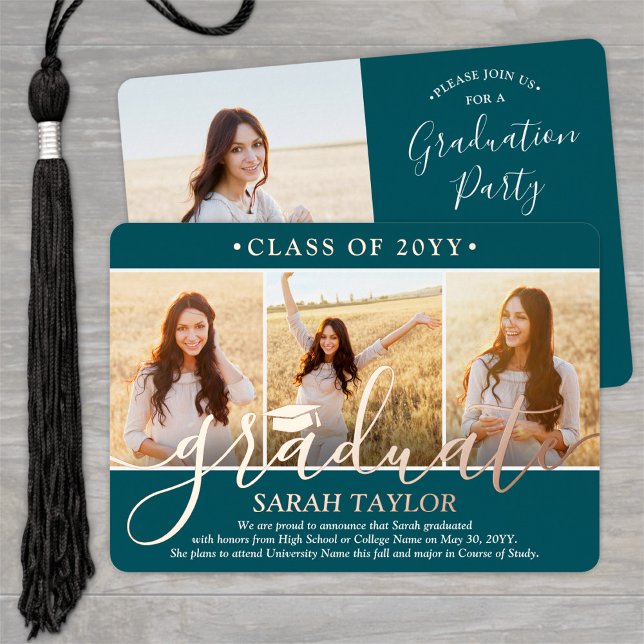 4 Photo Graduation Party Modern Script Teal and (Creator Uploaded)