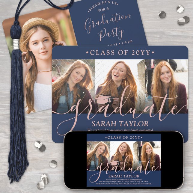 4 Photo Graduation Party Navy Blue & Pink Script Invitation (Creator Uploaded)