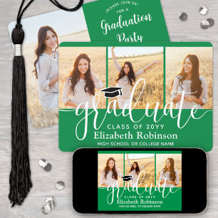 4 Photo Green and White Script Graduation Party Invitation