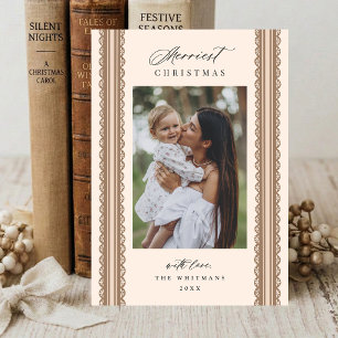 4 Photo Hand Drawn Scallop Ribbon Stripe Christmas Holiday Card