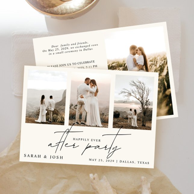 4 Photo Happily Ever After Party Cream Wedding Announcement (Easily personalize this wedding reception invite with your details and wedding photos!)