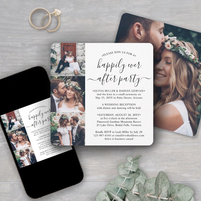 4 Photo Happily Ever After Party Square Wedding Invitation (Creator Uploaded)