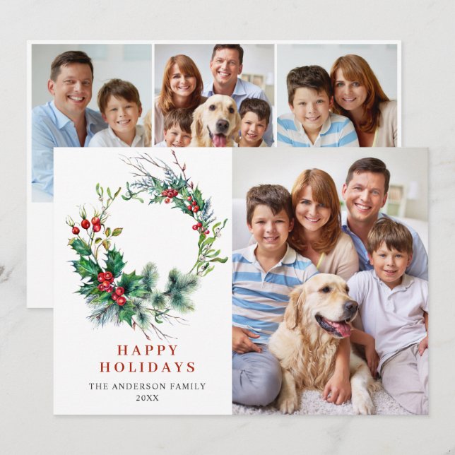 4 PHOTO Holly Berry Wreath Christmas Greeting Holiday Card (Front/Back)