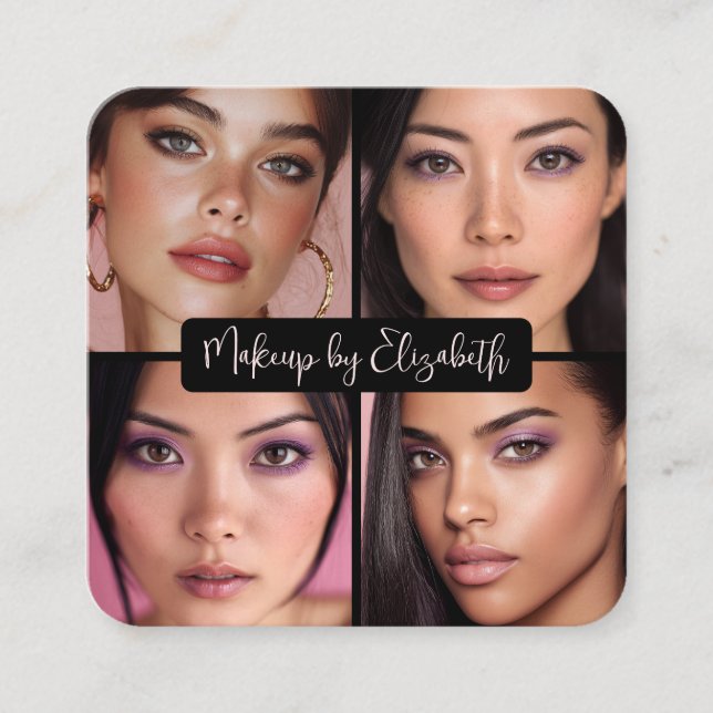 4 Photo Makeup Blush Pink Script Black QR Code Square Business Card (Front)