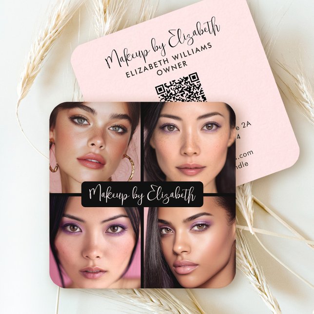4 Photo Makeup Blush Pink Script Black QR Code Square Business Card (Creator Uploaded)