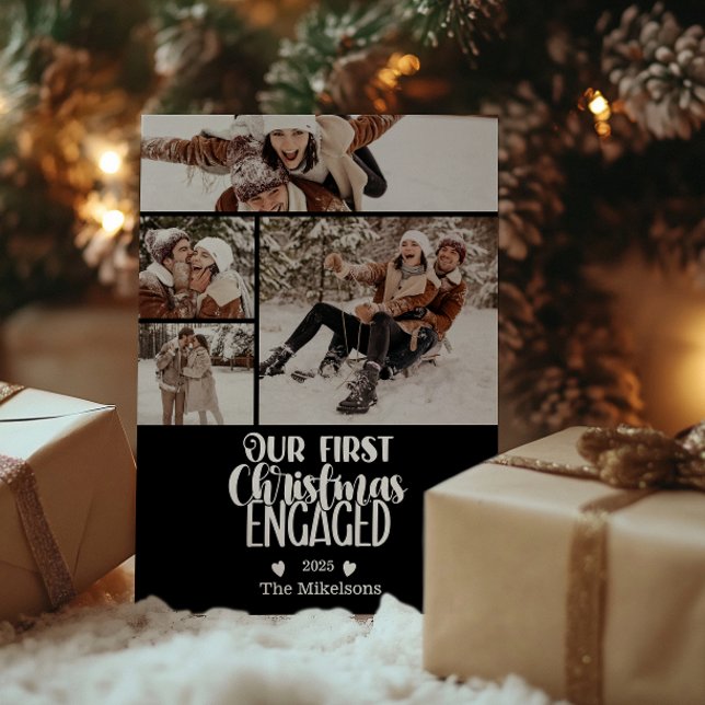4 Photo Minimalist First Christmas Engaged Holiday Card (Creator Uploaded)