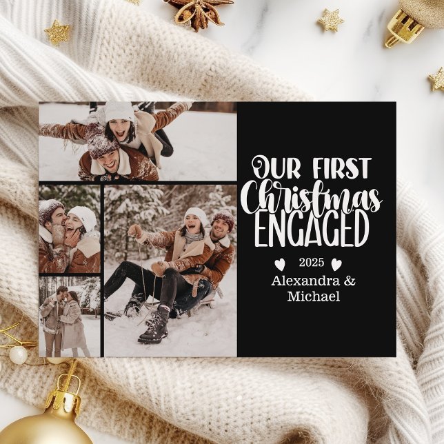 4 Photo Minimalist First Christmas Engaged Holiday Card (Creator Uploaded)