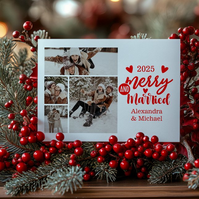 4 Photo Minimialist Merry and Married  Holiday Card (Creator Uploaded)