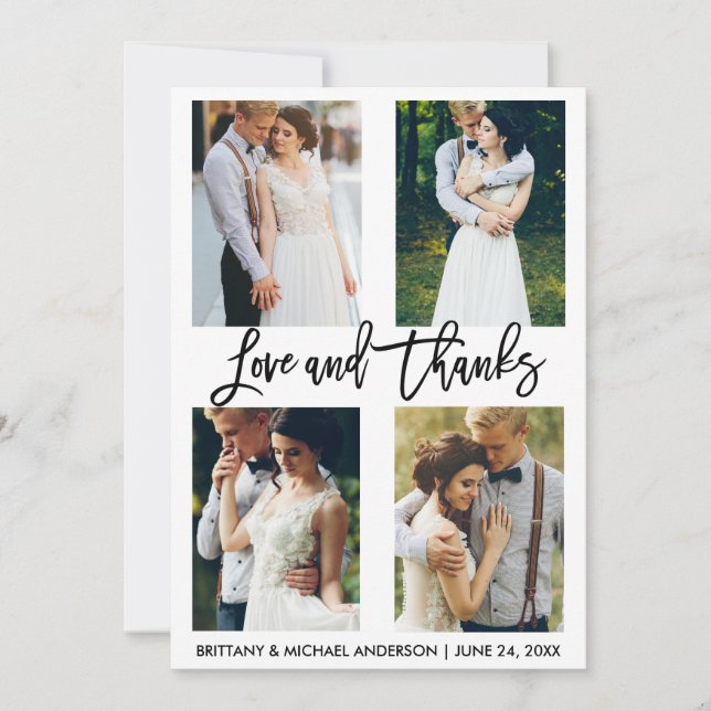 4 Photo Modern Brush Script Love Thanks Wedding Thank You Card (Front)