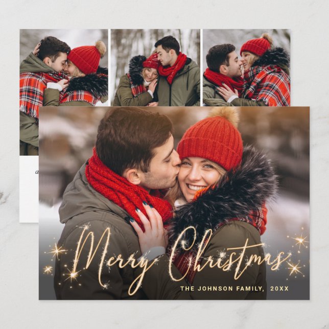 4 PHOTO Modern Golden Christmas Greeting Holiday C Card (Front/Back)