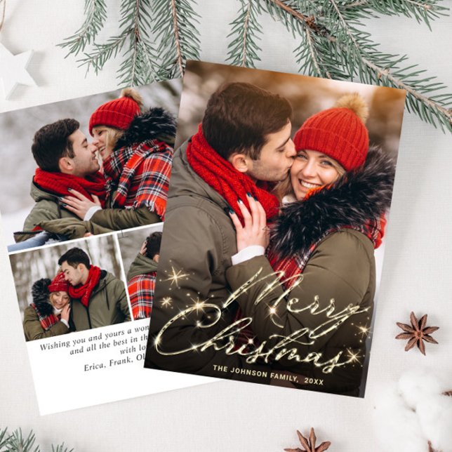 4 PHOTO Modern Golden Christmas Greeting Holiday Card (Creator Uploaded)