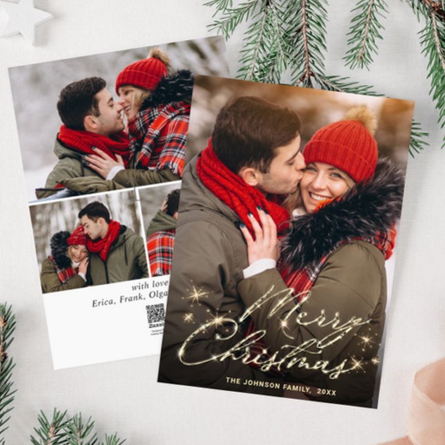 4 PHOTO Modern Golden Christmas Greeting Holiday Card (Creator Uploaded)