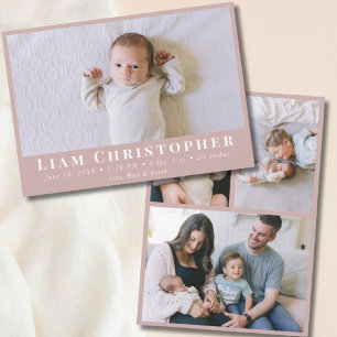 4 Photo Modern Minimal Dusty Pink Simple Birth Announcement