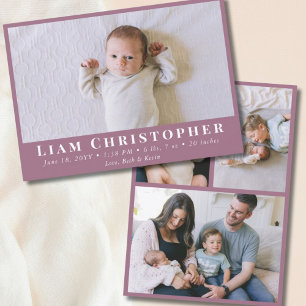 4 Photo Modern Minimal Lilac Purple Simple Birth Announcement