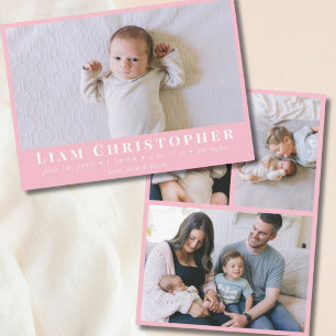 4 Photo Modern Minimal Pink Simple Baby Birth Announcement