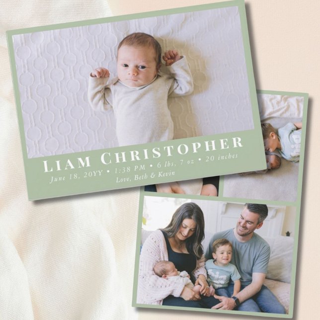 4 Photo Modern Minimal Sage Green Simple Birth Announcement (4 Photo Modern Minimal Sage Green Simple Birth Announcement
)