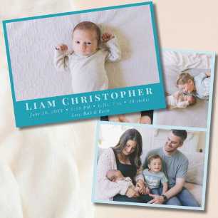 4 Photo Modern Minimal Teal Blue Simple Baby Birth Announcement