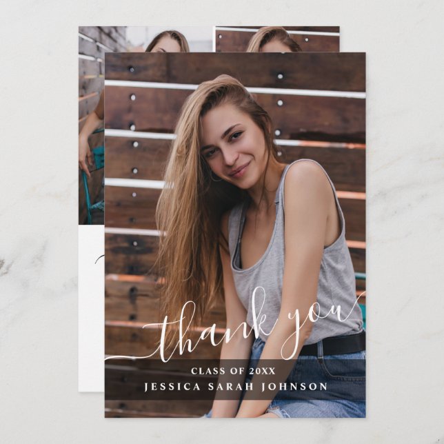 4 Photo Modern Simple Minimalist Graduation  Thank You Card (Front/Back)