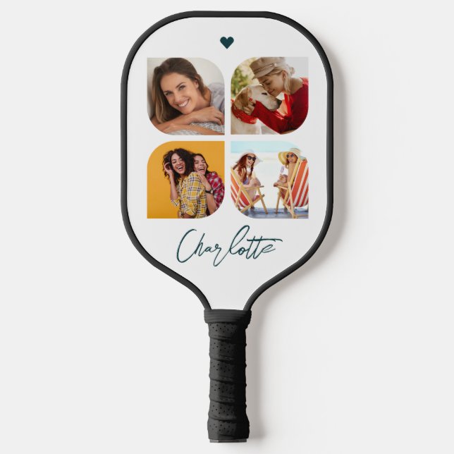 4 Photo Modern Trendy Simple Personalised Name Pickleball Paddle (Front)