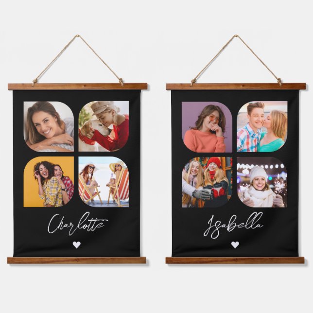 4 Photo Modern Trendy Simple Personalised Names Hanging Tapestry (Double)