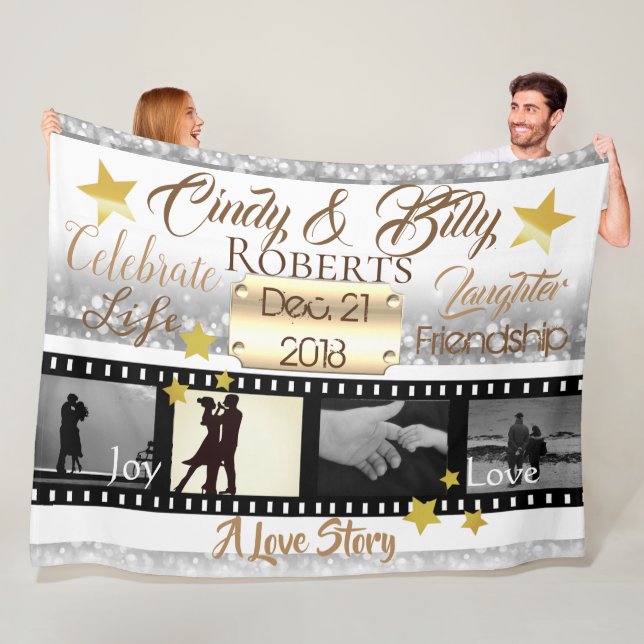 4 Photo Movie Star Film Reel Silver Bokeh and Gold Fleece Blanket (In Situ)