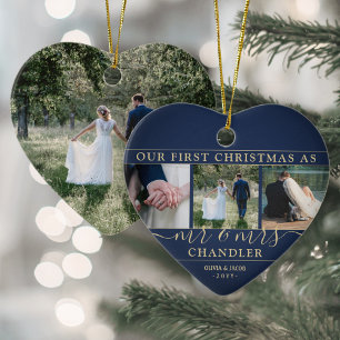 4 Photo Mr & Mrs 1st Christmas Navy and Gold Heart Ceramic Tree Decoration