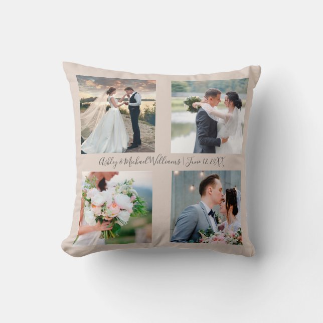 4 Photo Name Date Photo Collage Wedding Keepsake Cushion (Front)