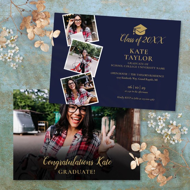 4 Photo Navy Blue And Gold Graduation Party Invitation (4 Photo Navy Blue And Gold Graduation Party Invitation)