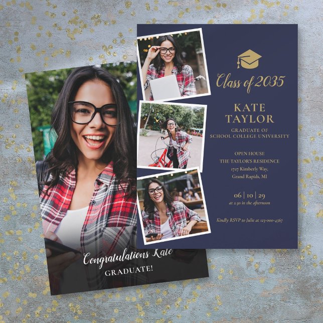 4 Photo Navy Blue Gold Graduation Party Invitation (4 Photo Navy Blue Gold Graduation Party Invitation)