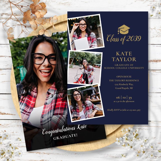 4 Photo Navy Blue Gold Graduation Party Invitation (4 Photo Navy Blue Gold Graduation Party Invitation)