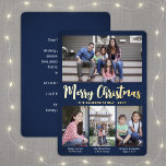 4 Photo Navy Blue Merry Christmas Modern Collage<br><div class="desc">Send stylish joyful greetings and share your favourite pictures with a custom four photo collage navy blue and gold foil holiday card. All text on this template is simple to customise to include any wording, such as Merry Christmas, Happy Holidays, Seasons Greetings, New Year Cheers etc. (IMAGE PLACEMENT TIP: An...</div>