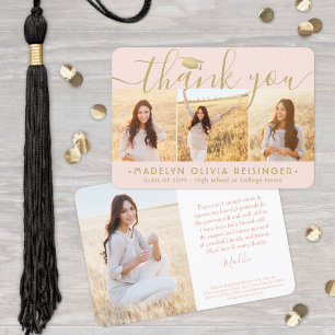 4 Photo New Address Blush Pink and Gold Graduation Thank You Card