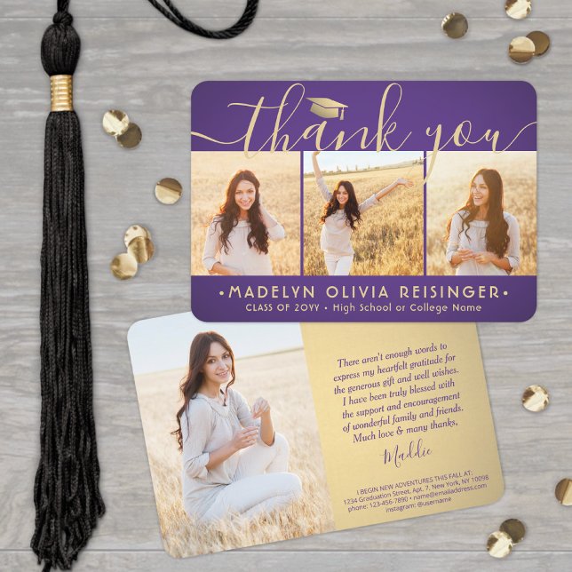 4 Photo New Address Modern Purple Gold Graduation Thank You Card (Creator Uploaded)